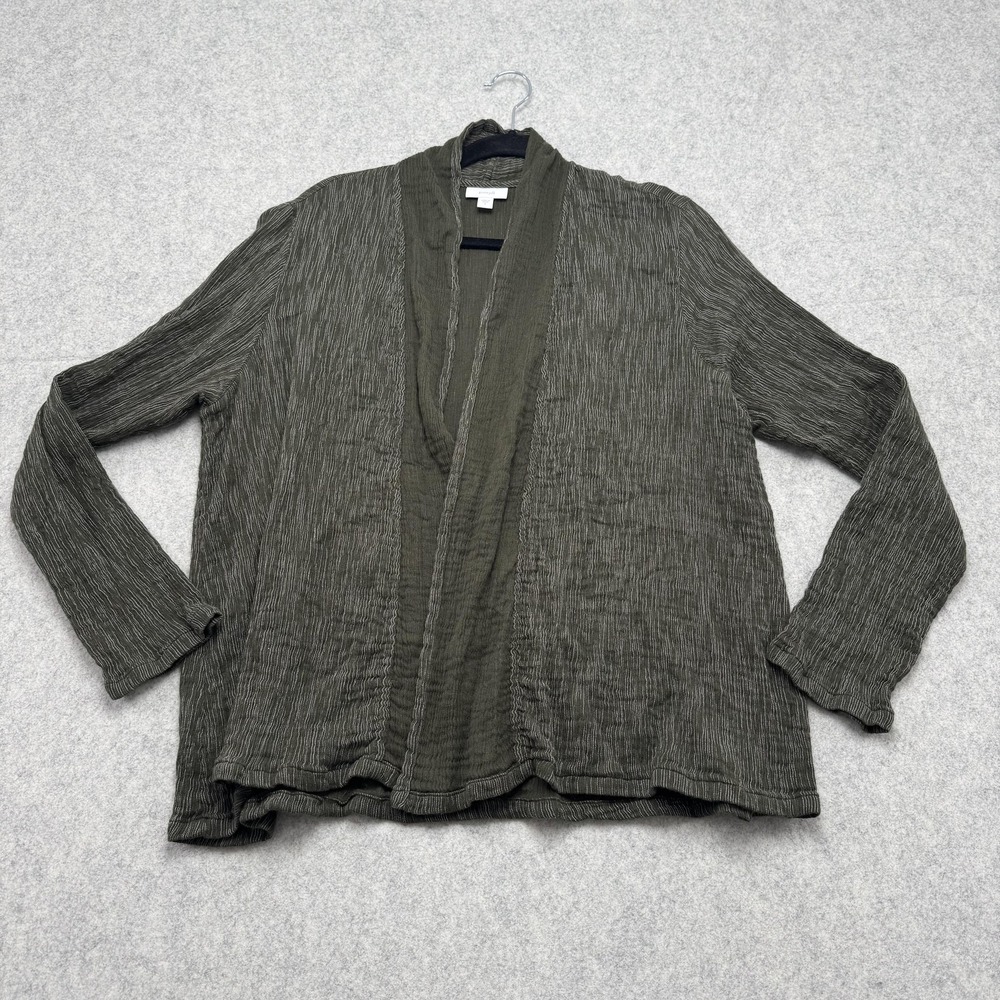 Pure Jill Cardigan Sweater Womens Large Green Stripe Open Front Knit Lightweight